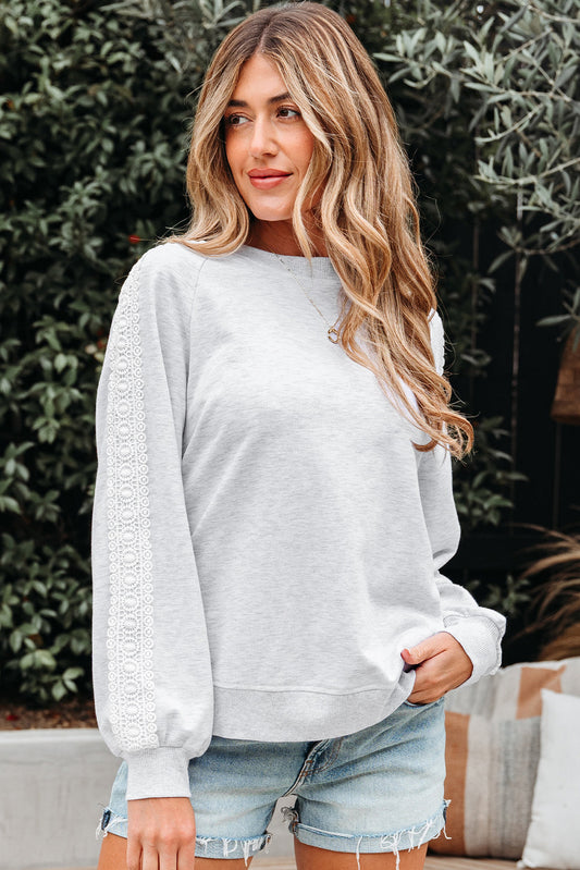 Peyton Lace Patchwork Raglan Sleeve Crew Neck Sweatshirt - Threaded Pear