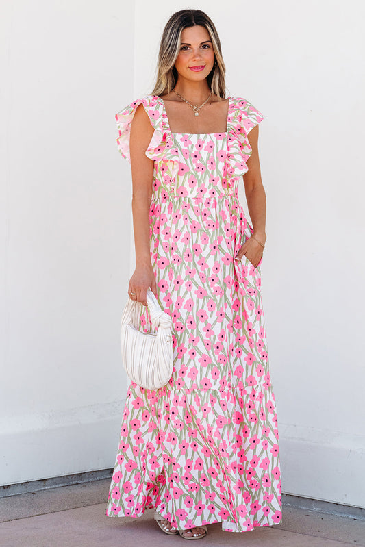 Angelica Floral Ruffled Strap Maxi Dress - Threaded Pear