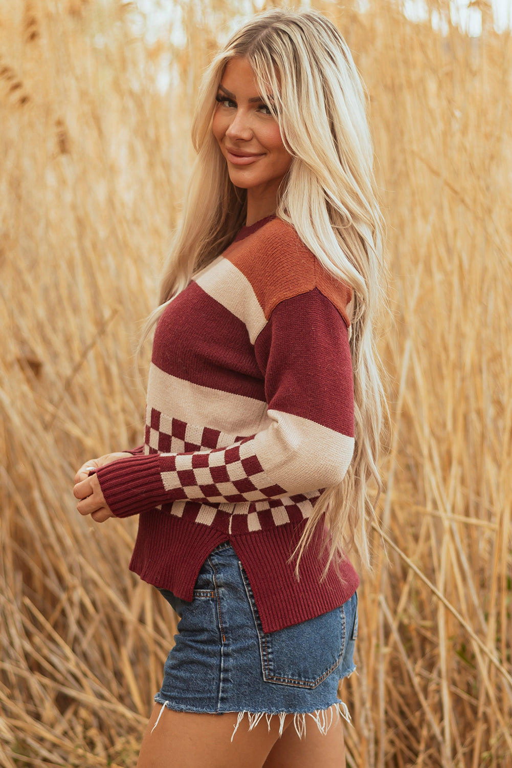 Noelle Checkered Knitted Sweater - Threaded Pear