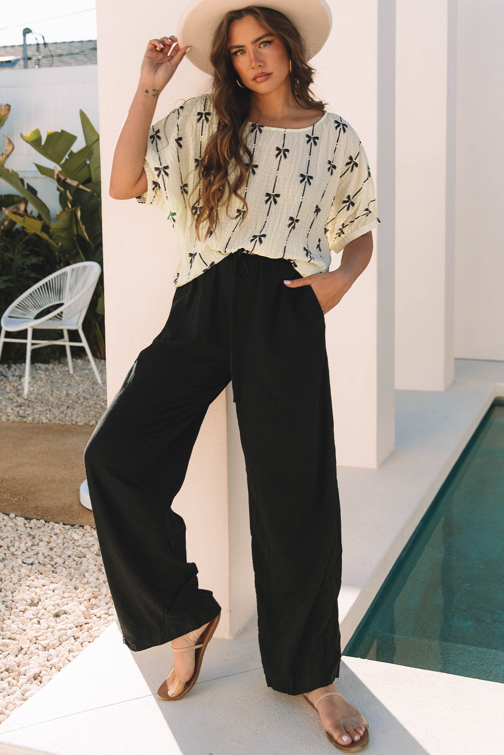 Aviana Bow Print Puff Short Sleeve Top - Threaded Pear