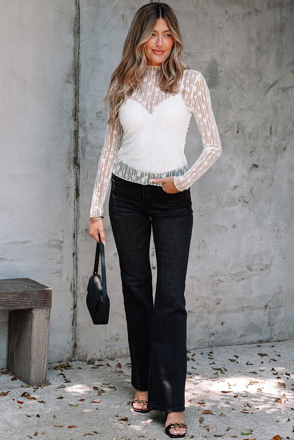 Adalynn Sheer Floral Lace Long Sleeve Top - Threaded Pear