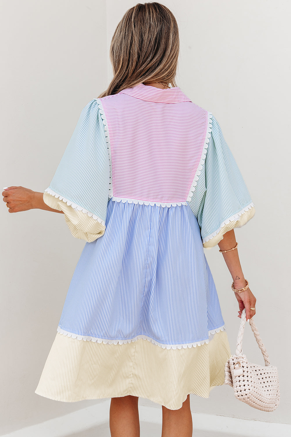 Joelle Striped Ric Rac Puff Sleeve Collared Mini Dress - Threaded Pear