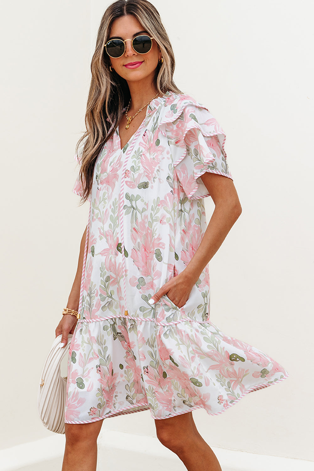 Madalyn Floral Contrast Edge Layered Short Sleeve Mini Dress - Threaded Pear