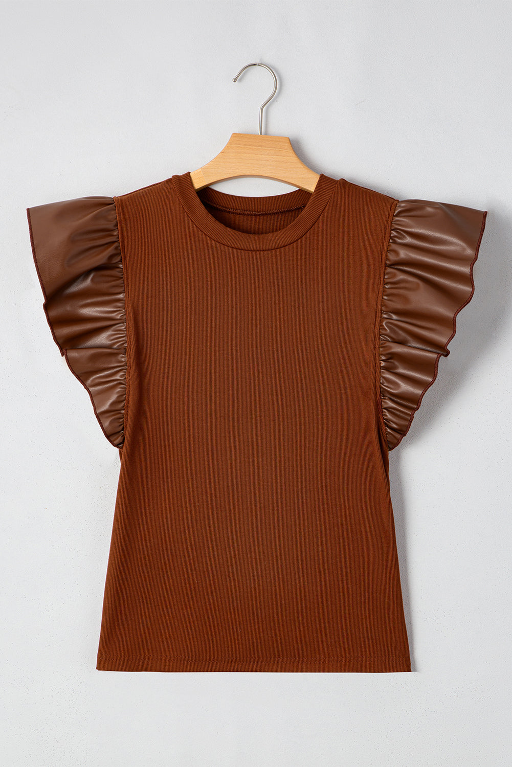 Macy Leather Ruffle Sleeve Blouse - Threaded Pear