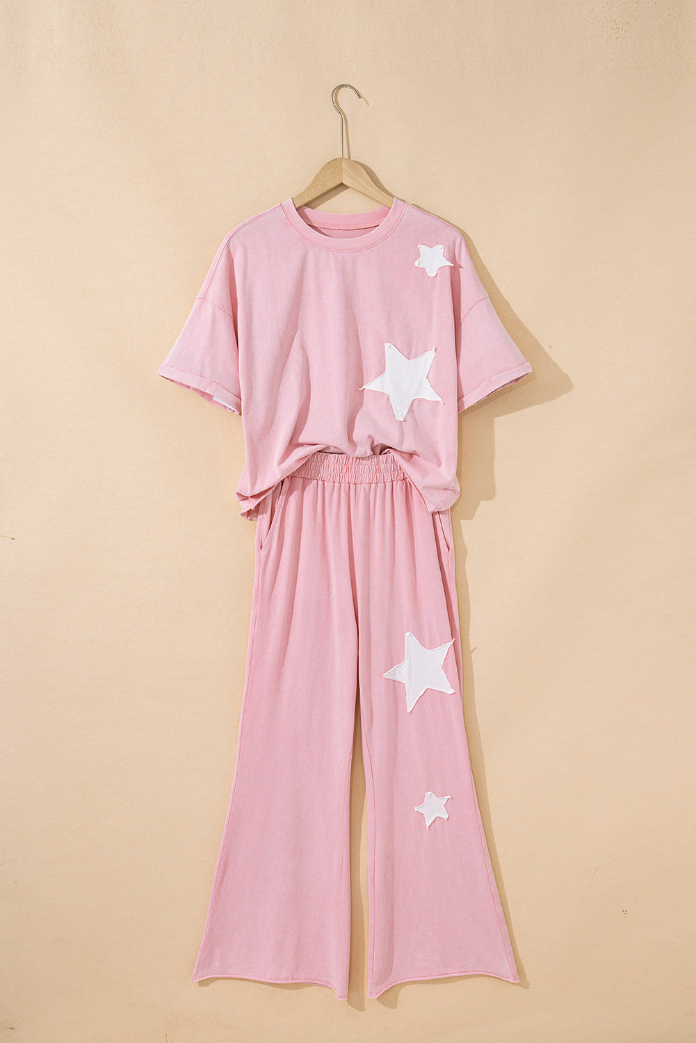 Arabella Acid Wash Star Patched Rolled Trim Pants Set - Threaded Pear