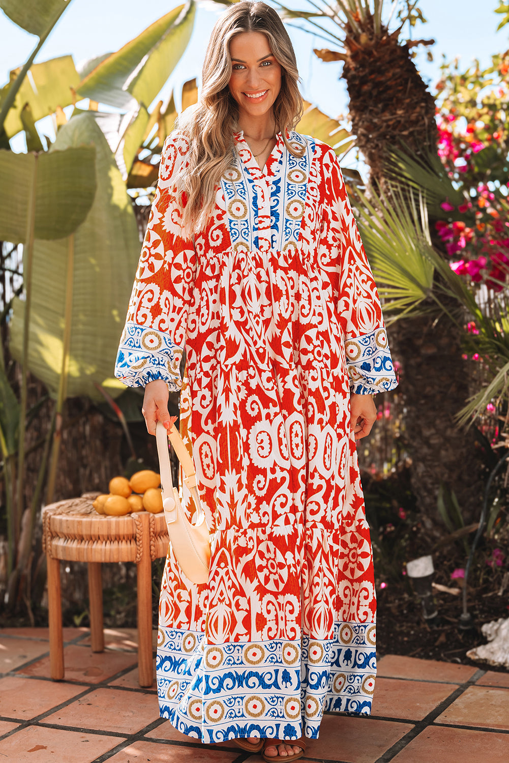 Lenora Boho Geometric Printed Long Sleeve Maxi Dress - Threaded Pear