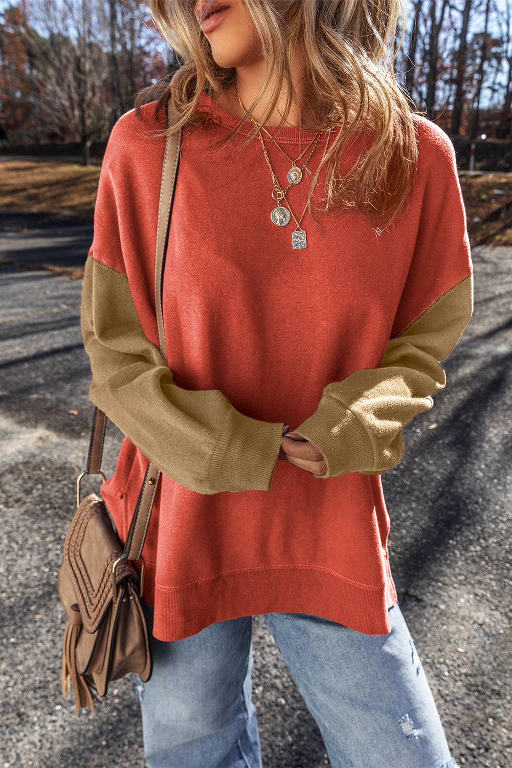 Ella Patchwork Drop Shoulder Pullover - Threaded Pear