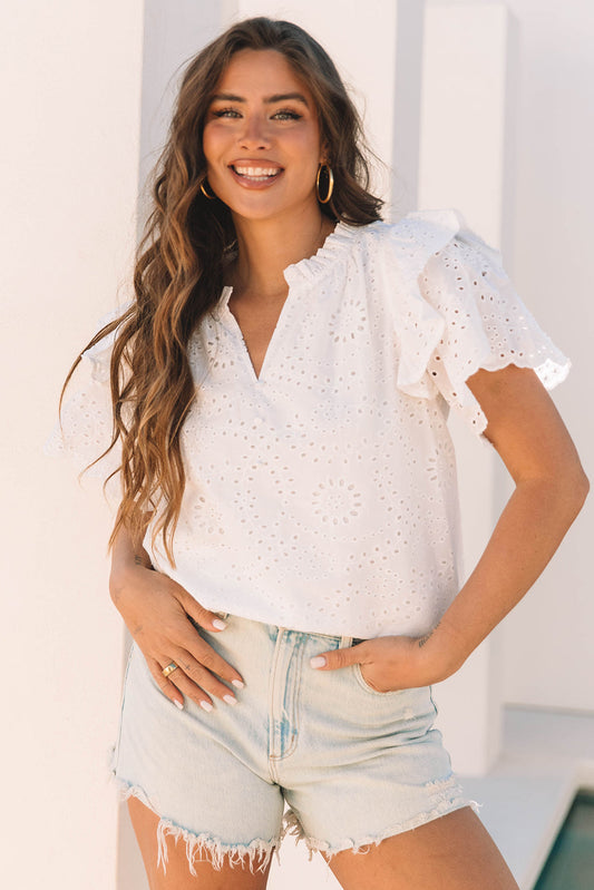 Aspyn Ruffle Short Sleeve Blouse - Threaded Pear