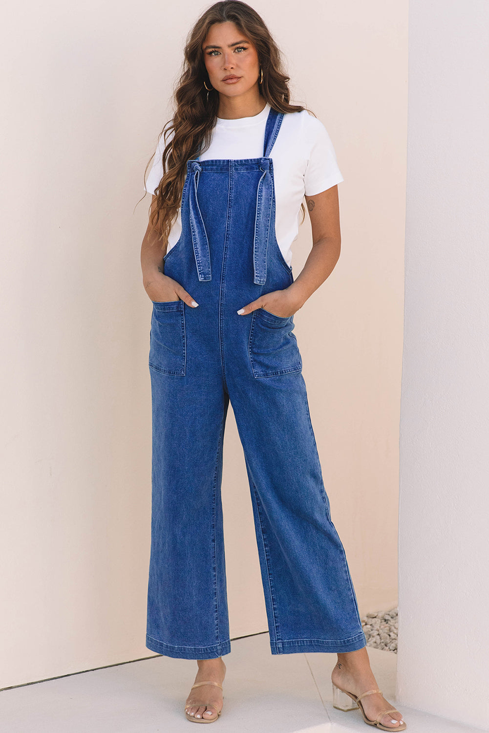 Elodie Knotted Strap Wide Leg Denim Overalls - Threaded Pear