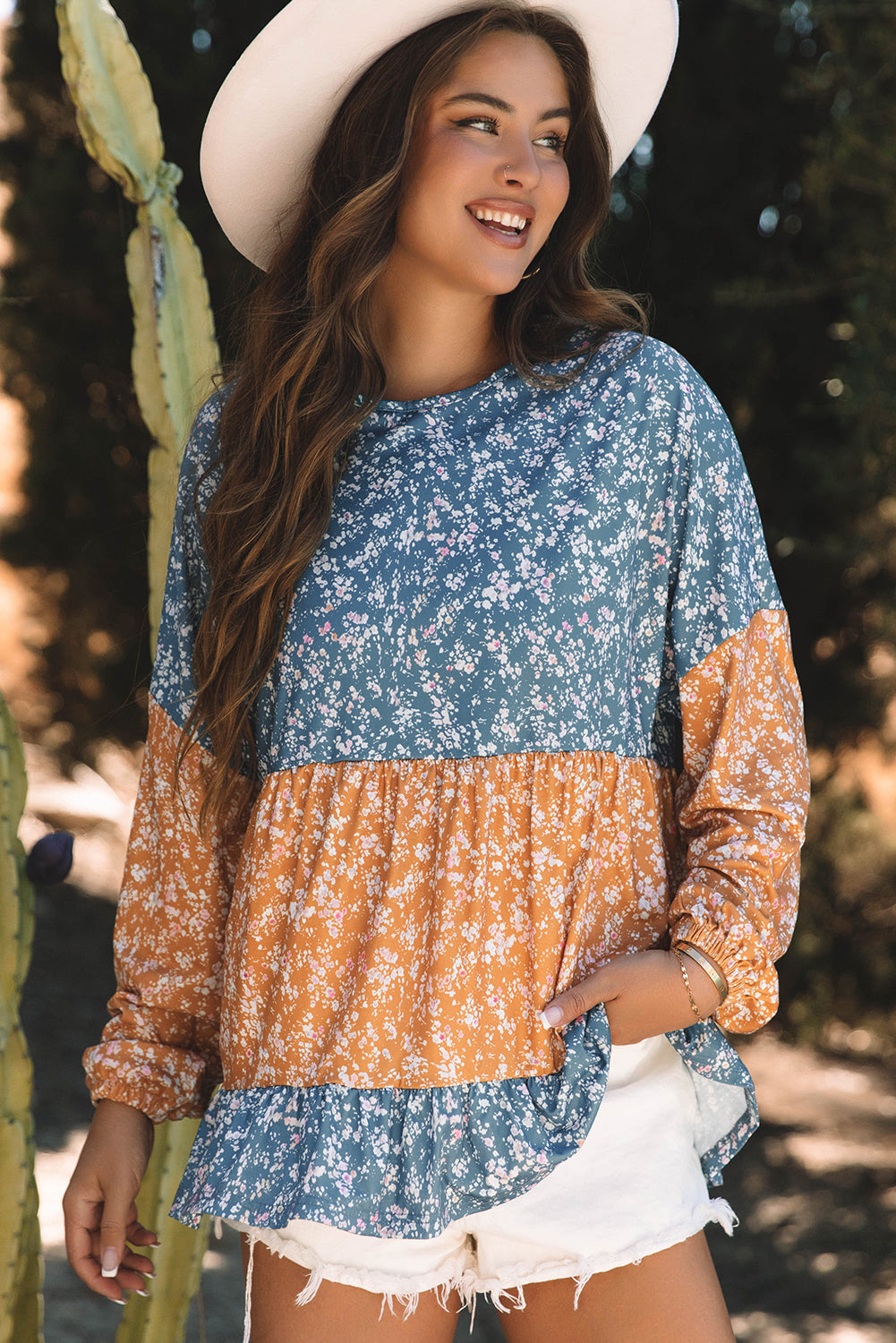 Cecilia Floral Ruffled Hem Round Neck Blouse - Threaded Pear