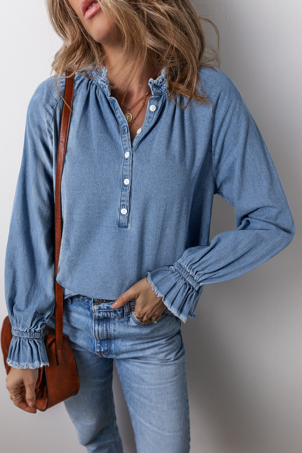 Natasha Buttoned Denim Top - Threaded Pear