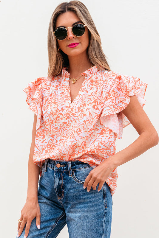 Nancy Floral Ruffle Sleeve Split Neck Blouse - Threaded Pear