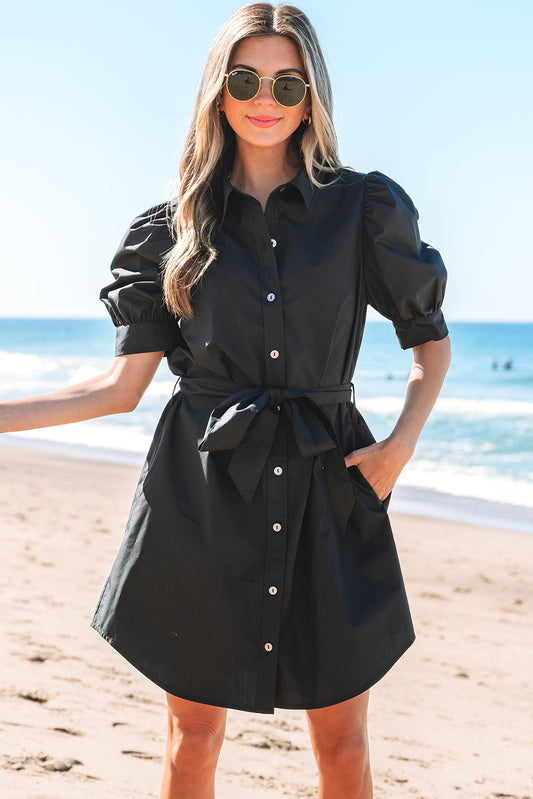 Malaya Button Up Tie Waist Puff Sleeve Mini Dress - Threaded Pear