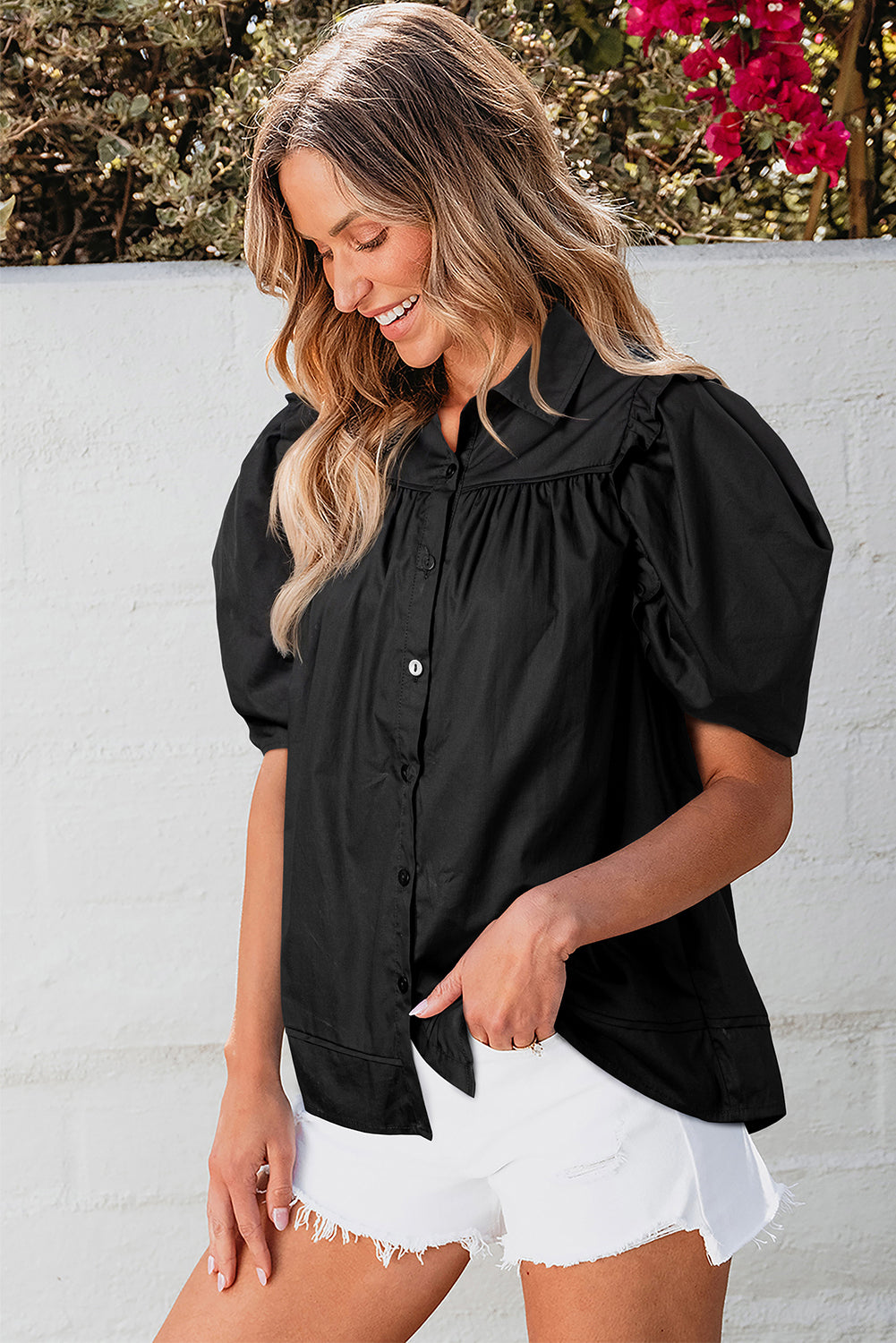 Elena Puff Sleeve Loose Shirt - Threaded Pear