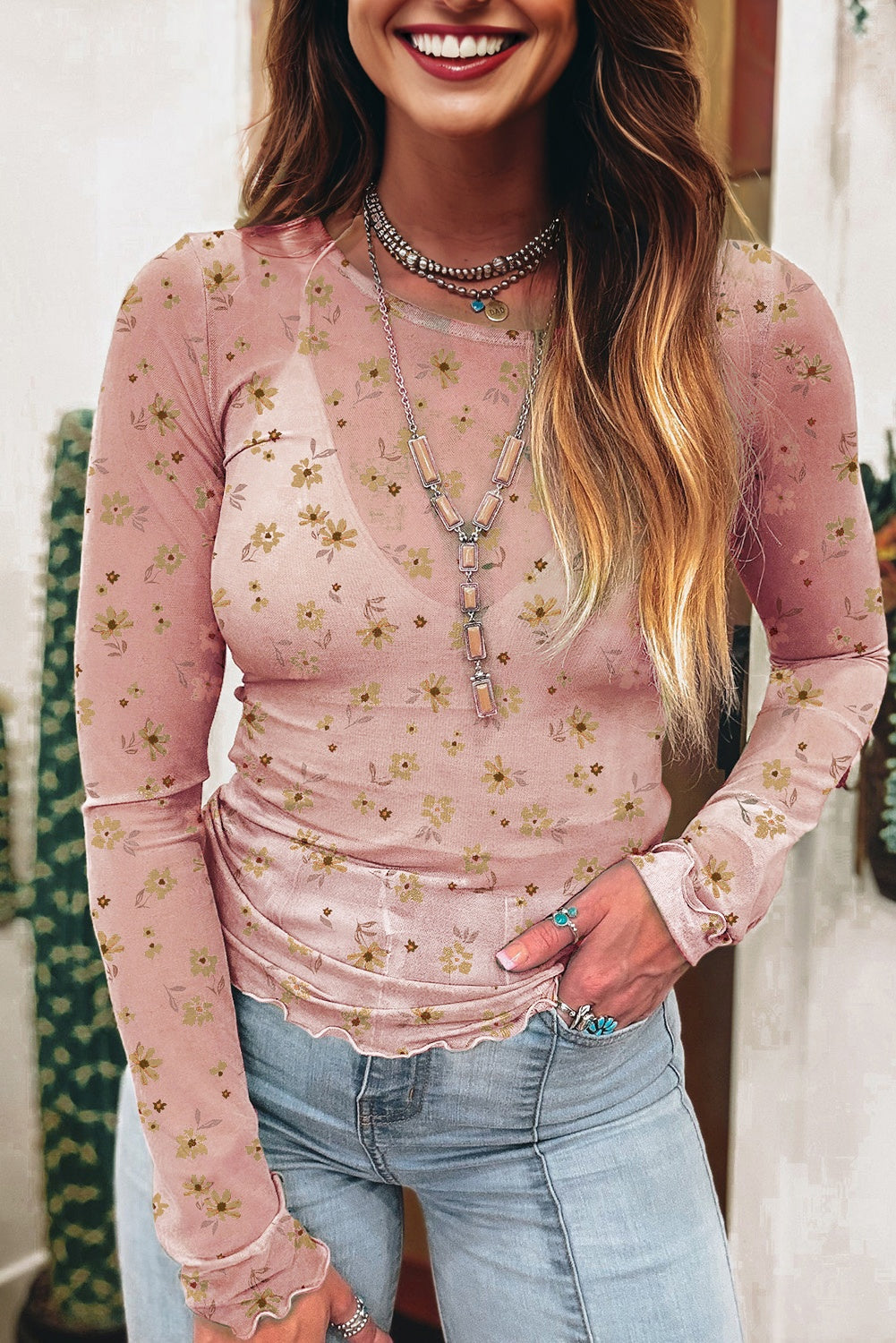 Amber Vintage Floral Mesh Long Sleeve Top - Threaded Pear