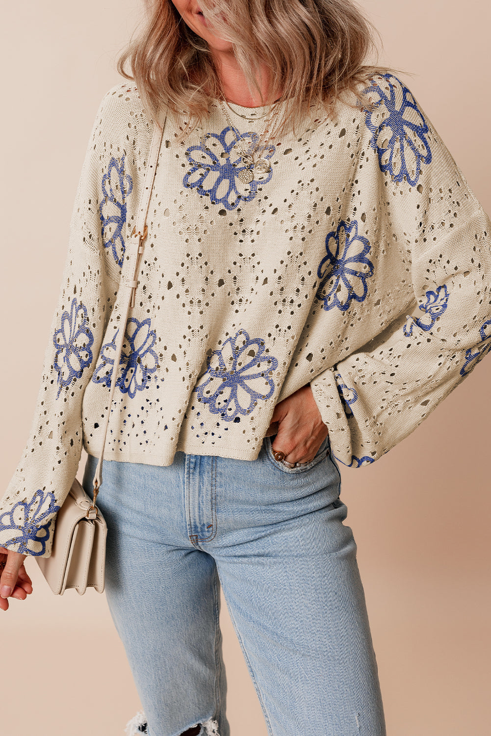 Harper Eyelet Drop Shoulder Sweater - Threaded Pear