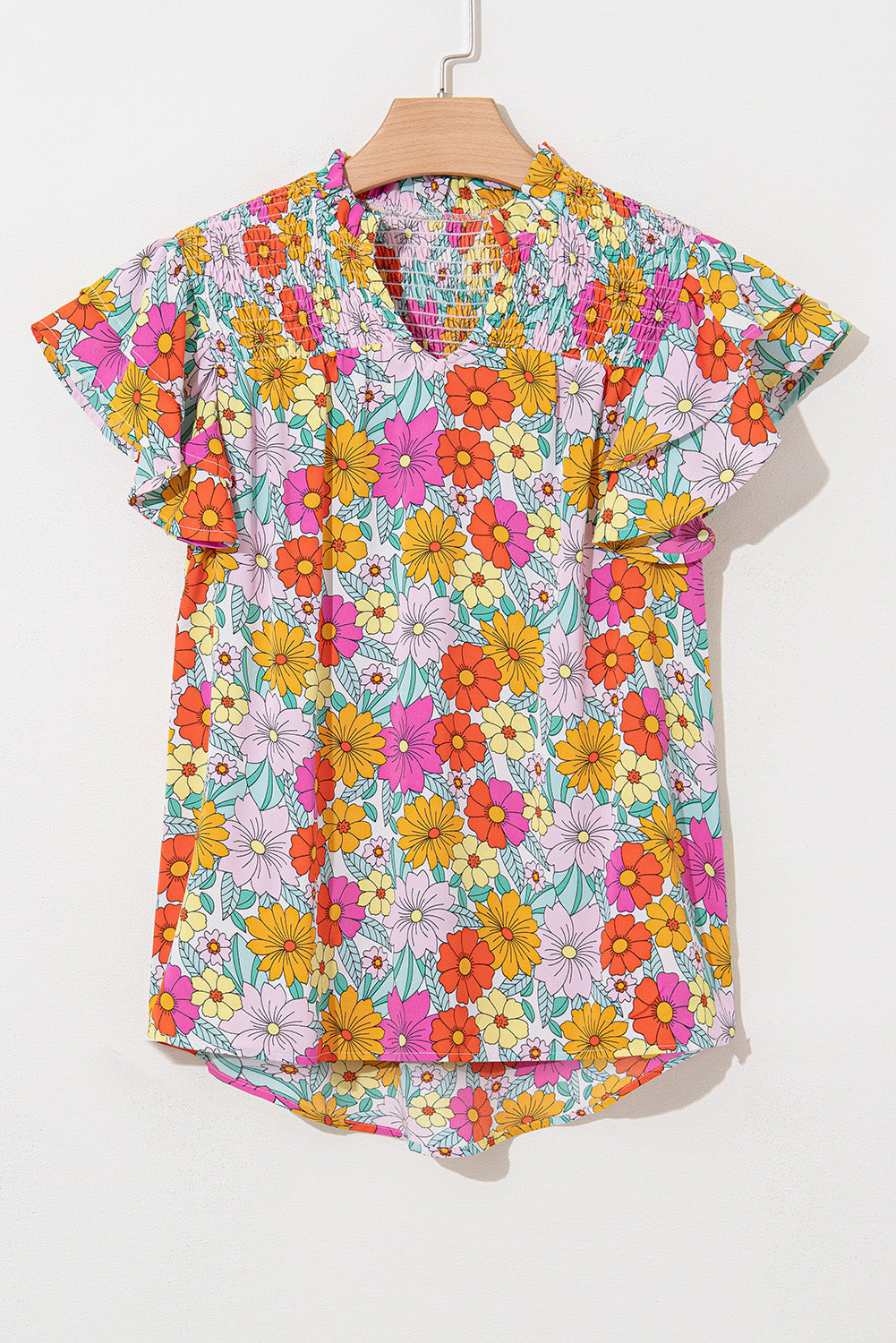 Leslie Floral Shirred Tiered Ruffled Sleeve Blouse - Threaded Pear