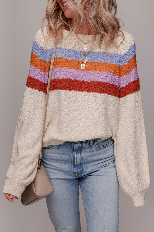 Ayla Striped Color Block Loose Sleeve Chic Sweater - Threaded Pear