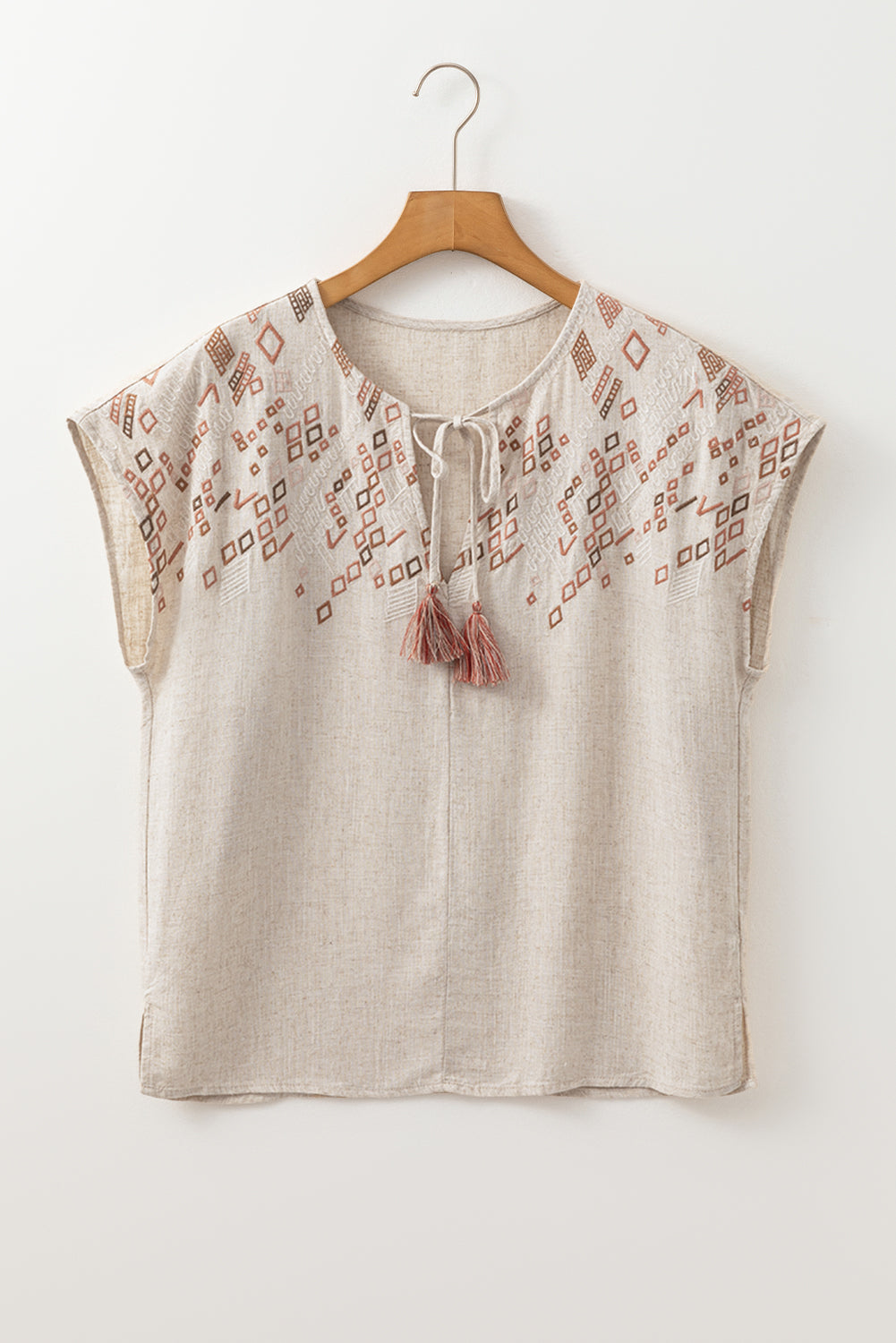 Louisa Embroidered Short Sleeve Tassel Tied Blouse - Threaded Pear
