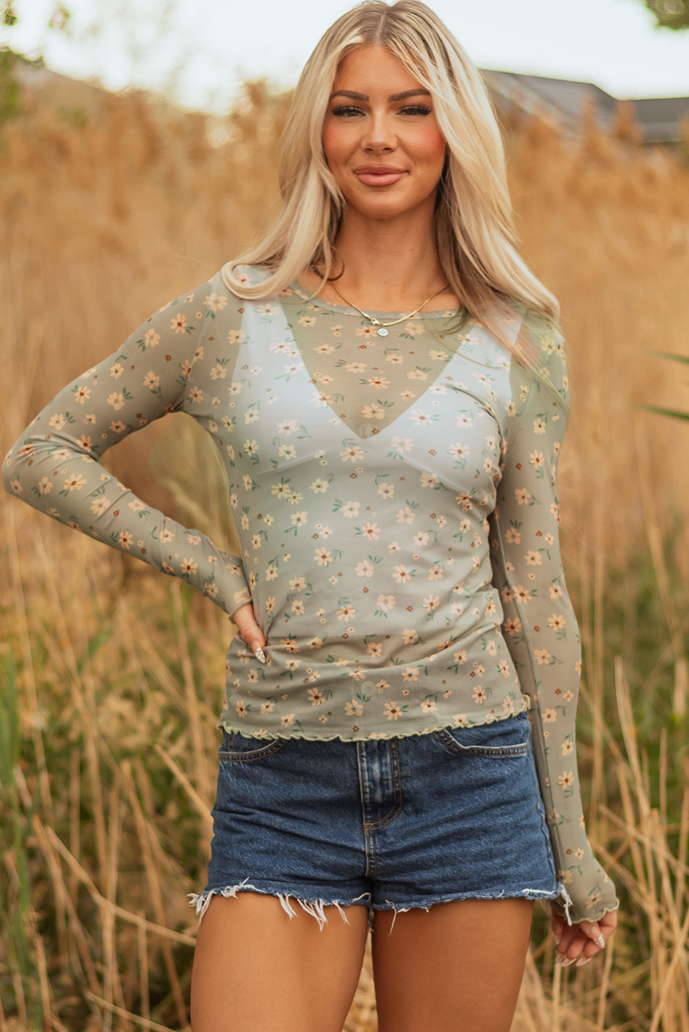 Amber Vintage Floral Mesh Long Sleeve Top - Threaded Pear