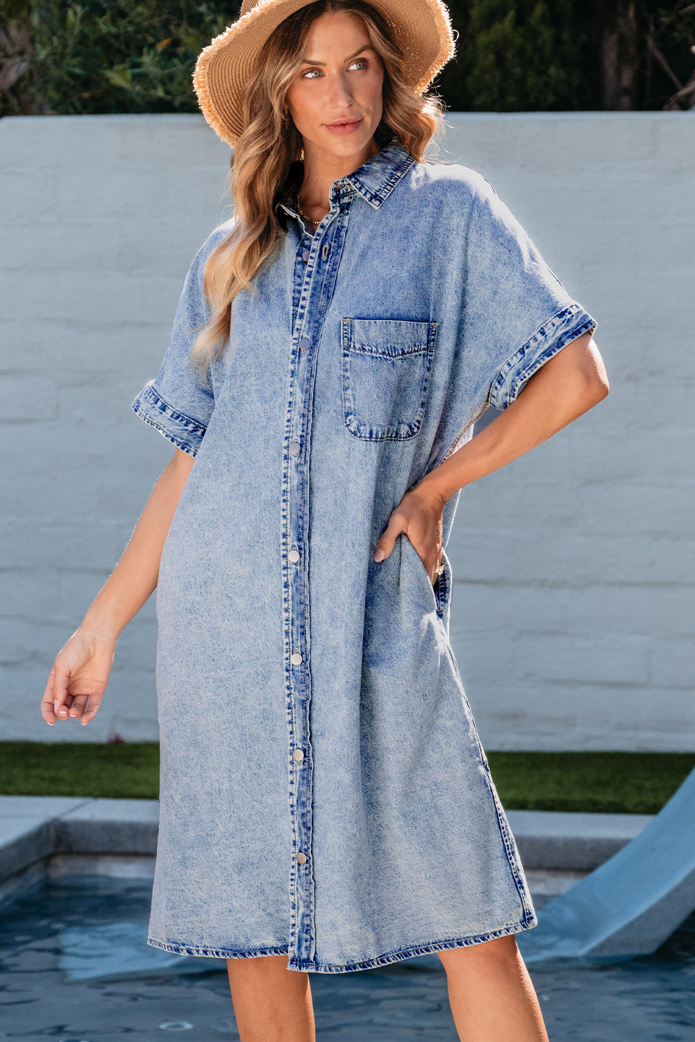 Makayla Loose Medium Wash Chambray Dress - Threaded Pear