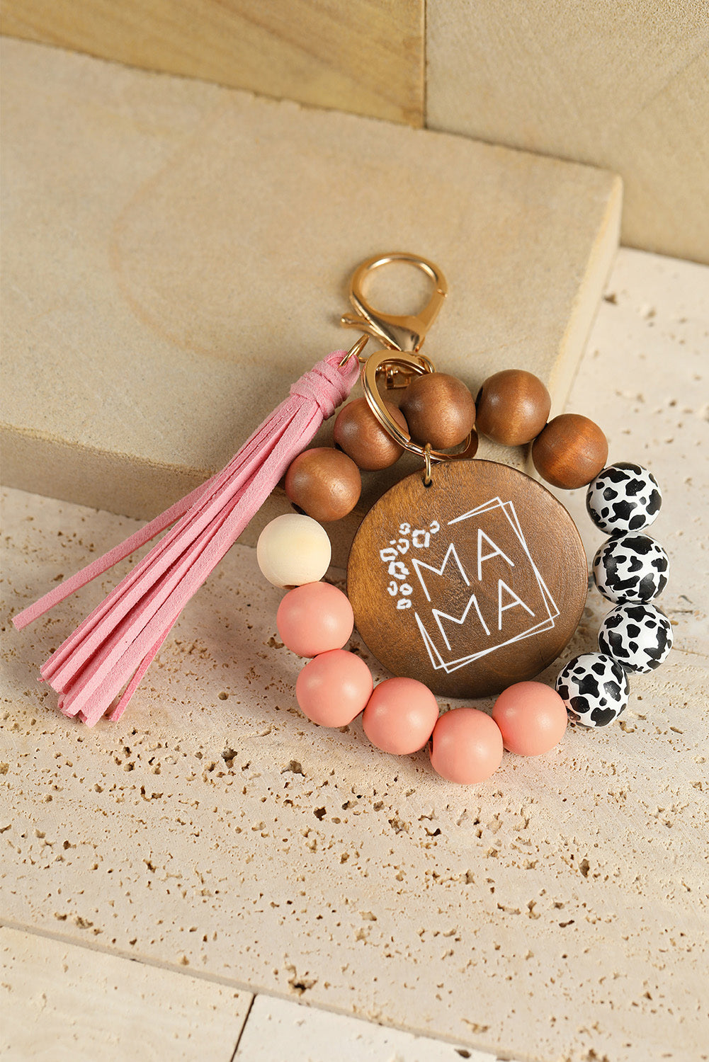 MAMA Wood Pendant Leopard Fringe Keychain - Threaded Pear