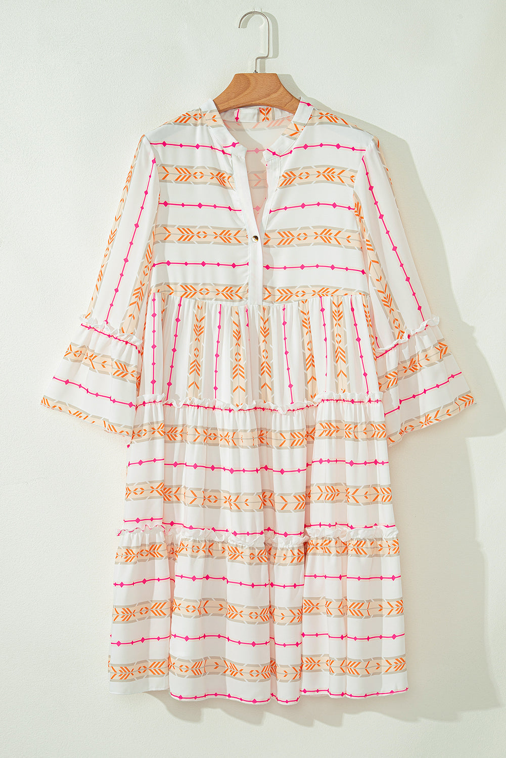 Winnie Bracelet Sleeve Slit Neck Ruffled Loose Dress - Threaded Pear