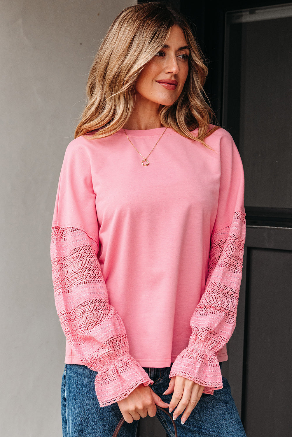 Brielle Lace Ruffled Sleeve Patchwork Loose Sweatshirt - Threaded Pear