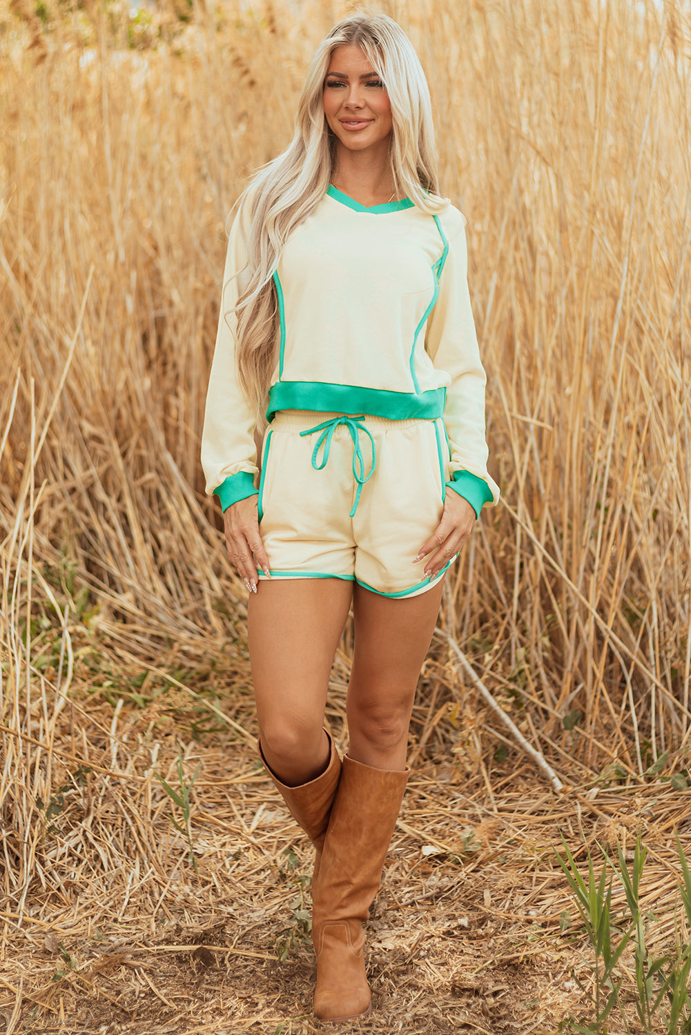 Wren Long Sleeve Pullover and Drawstring Shorts Outfit - Threaded Pear