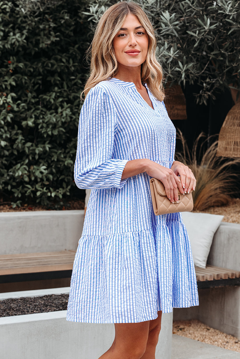 Kaia Stripe Bracelet Sleeve Tiered Dress with Pockets - Threaded Pear