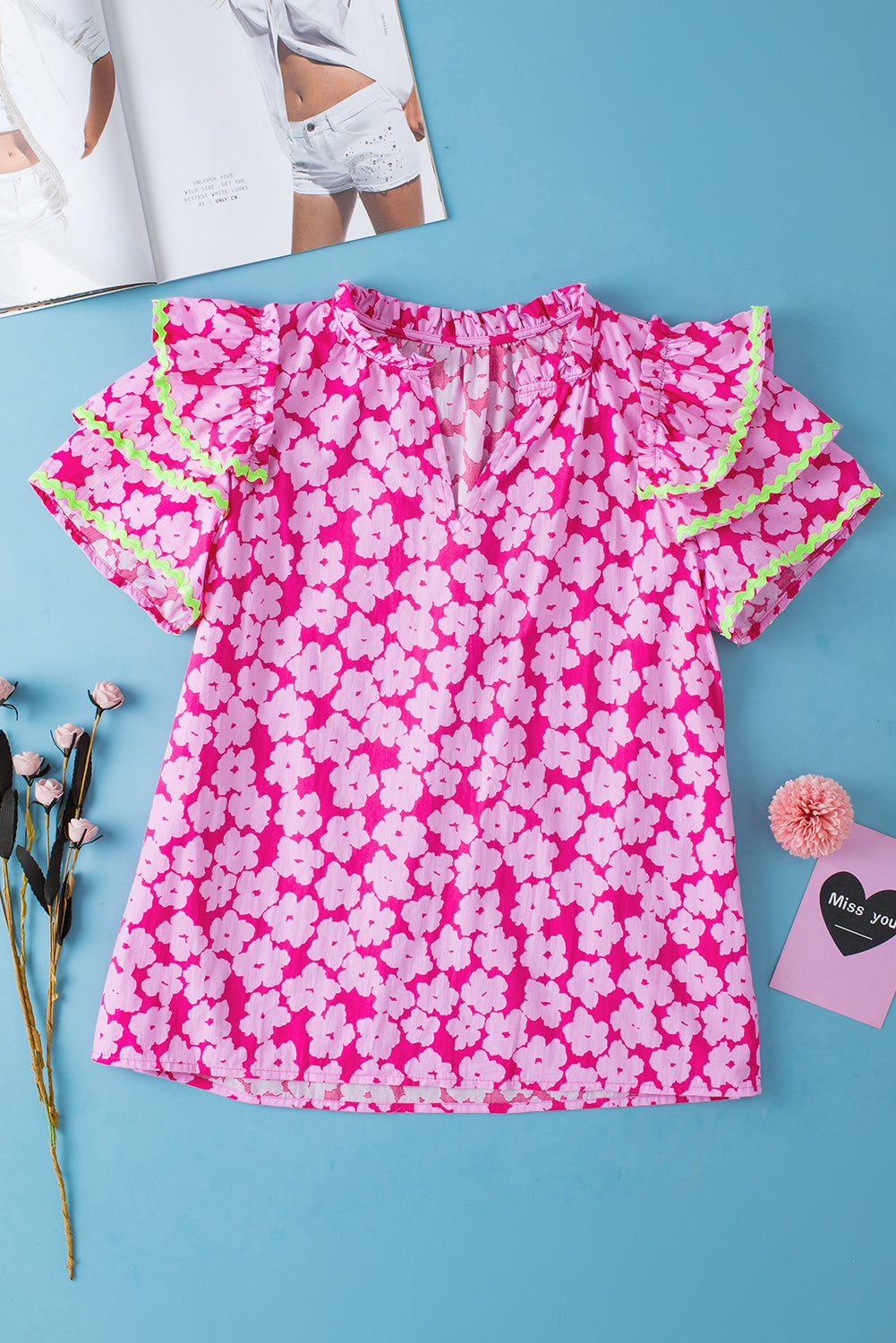 Capri Floral Ric Rac Ruffle Sleeve Blouse - Threaded Pear