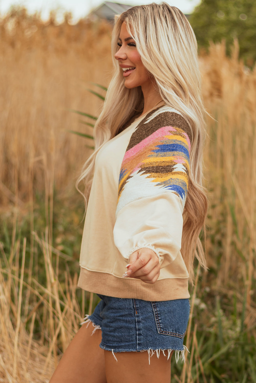 Logan Aztec Patchwork Raglan Pullover Sweatshirt - Threaded Pear