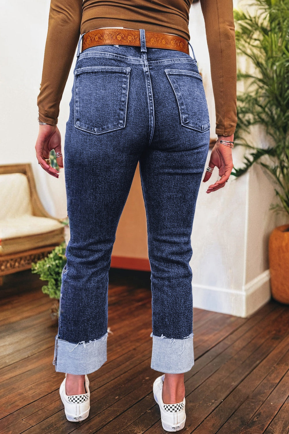 Jacy Cuffs Distressed Straight High Waist Jeans - Threaded Pear