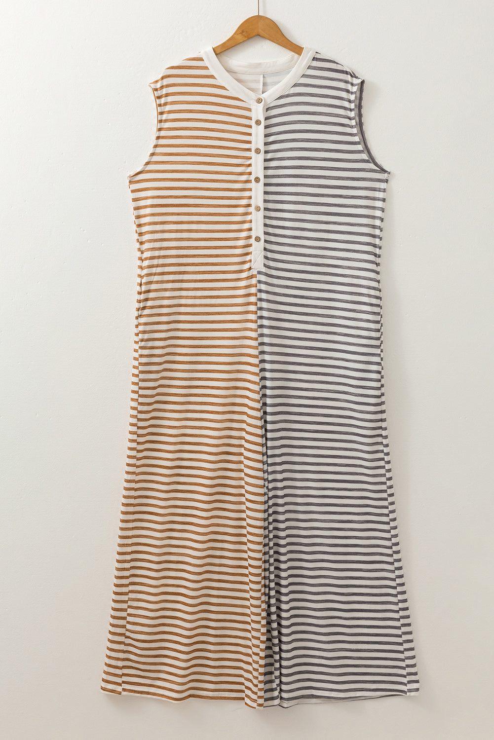 Gray Stripe Plus Size Color Block Buttoned Sleeveless Wide Leg Jumpsuit - Threaded Pear