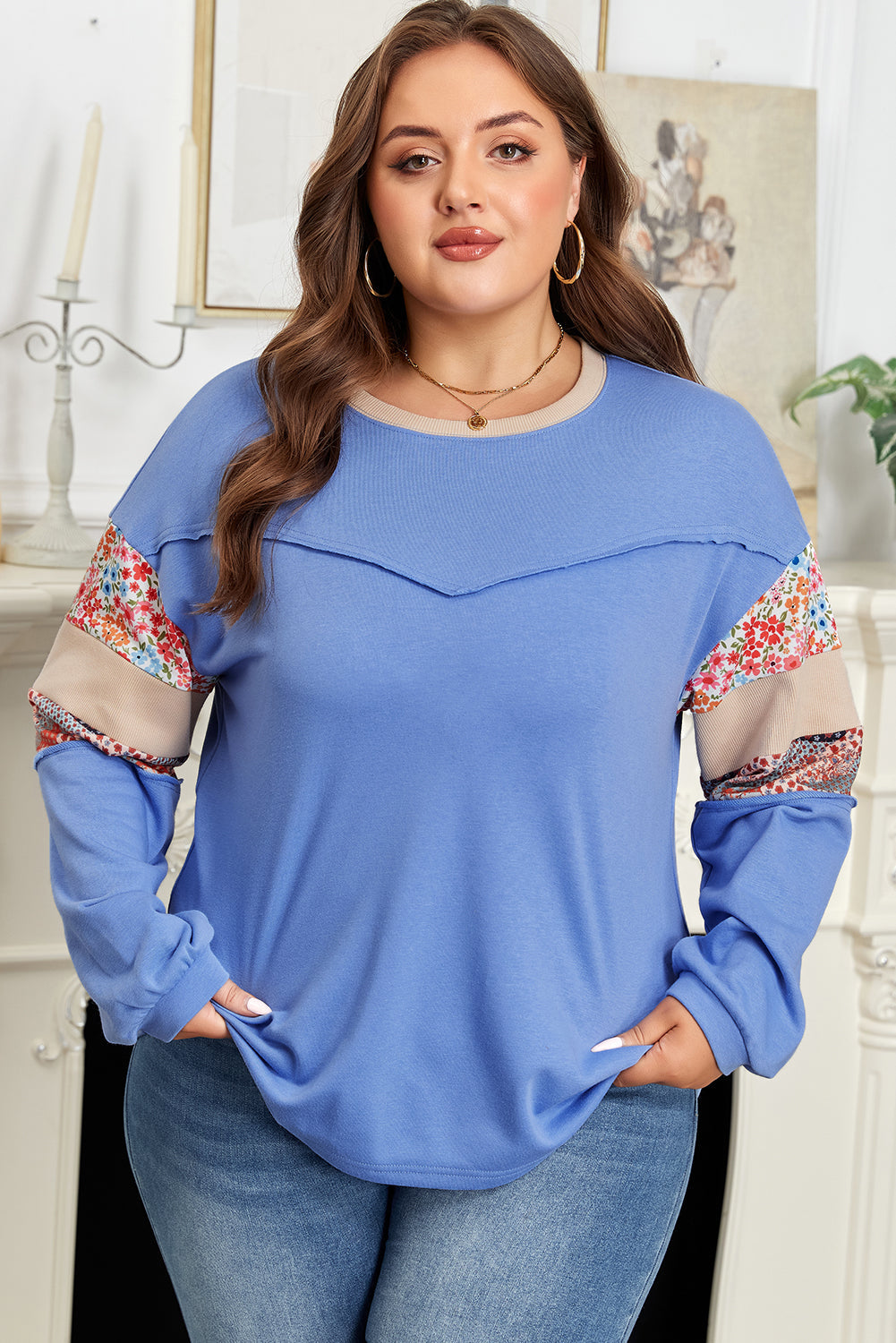 Khaki Exposed Seam Floral Mixed Patchwork Relaxed Plus Size Top - Threaded Pear