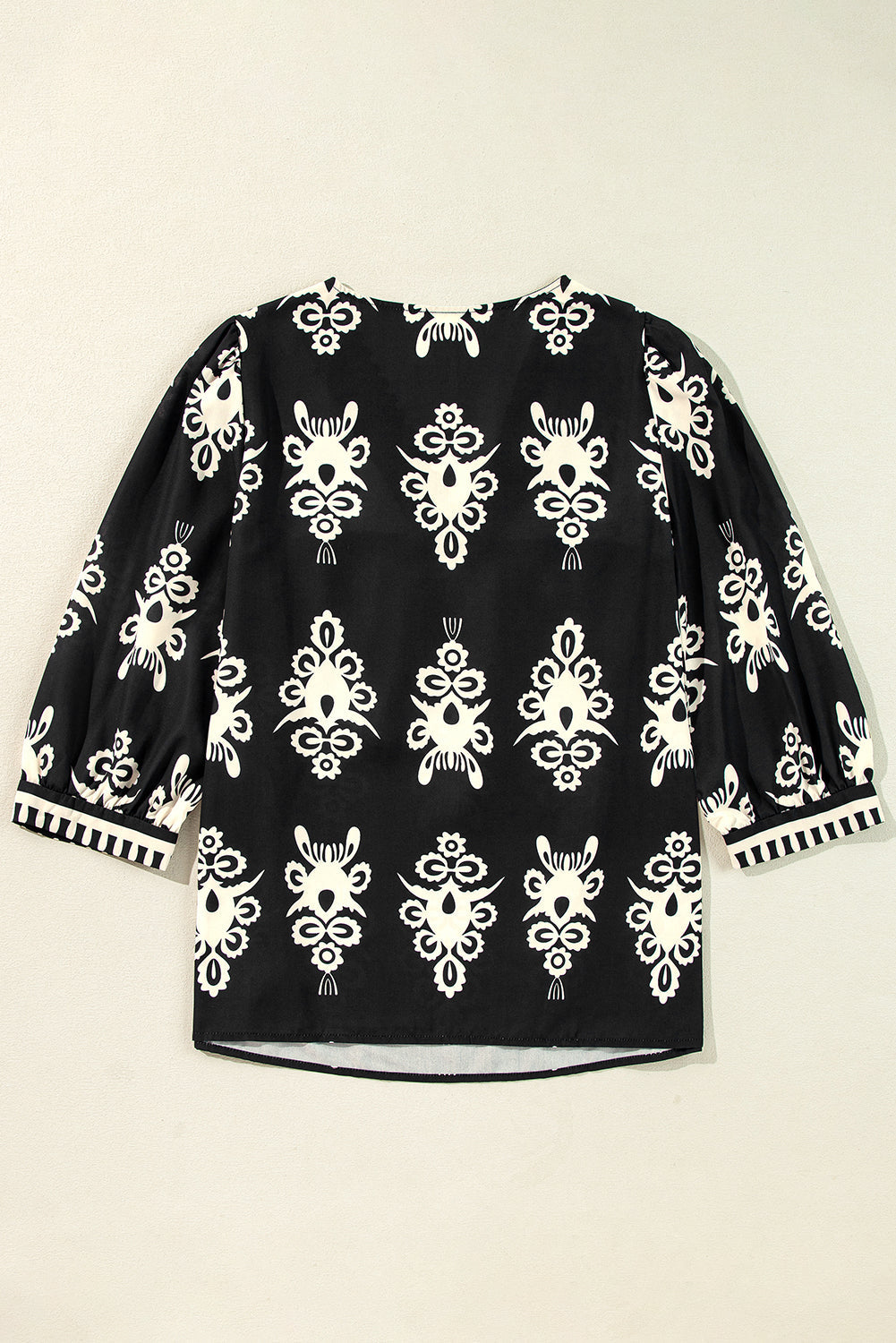 Vintage Geometric Printed V Neck Blouse - Threaded Pear