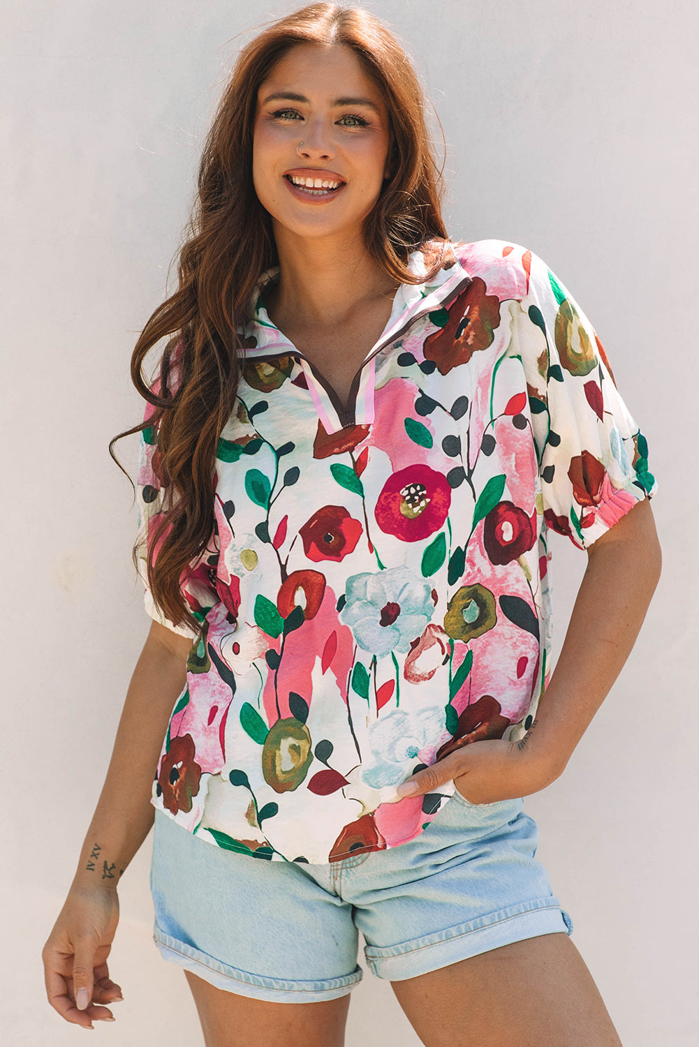 Adele Floral Slit V Neck Blouse - Threaded Pear