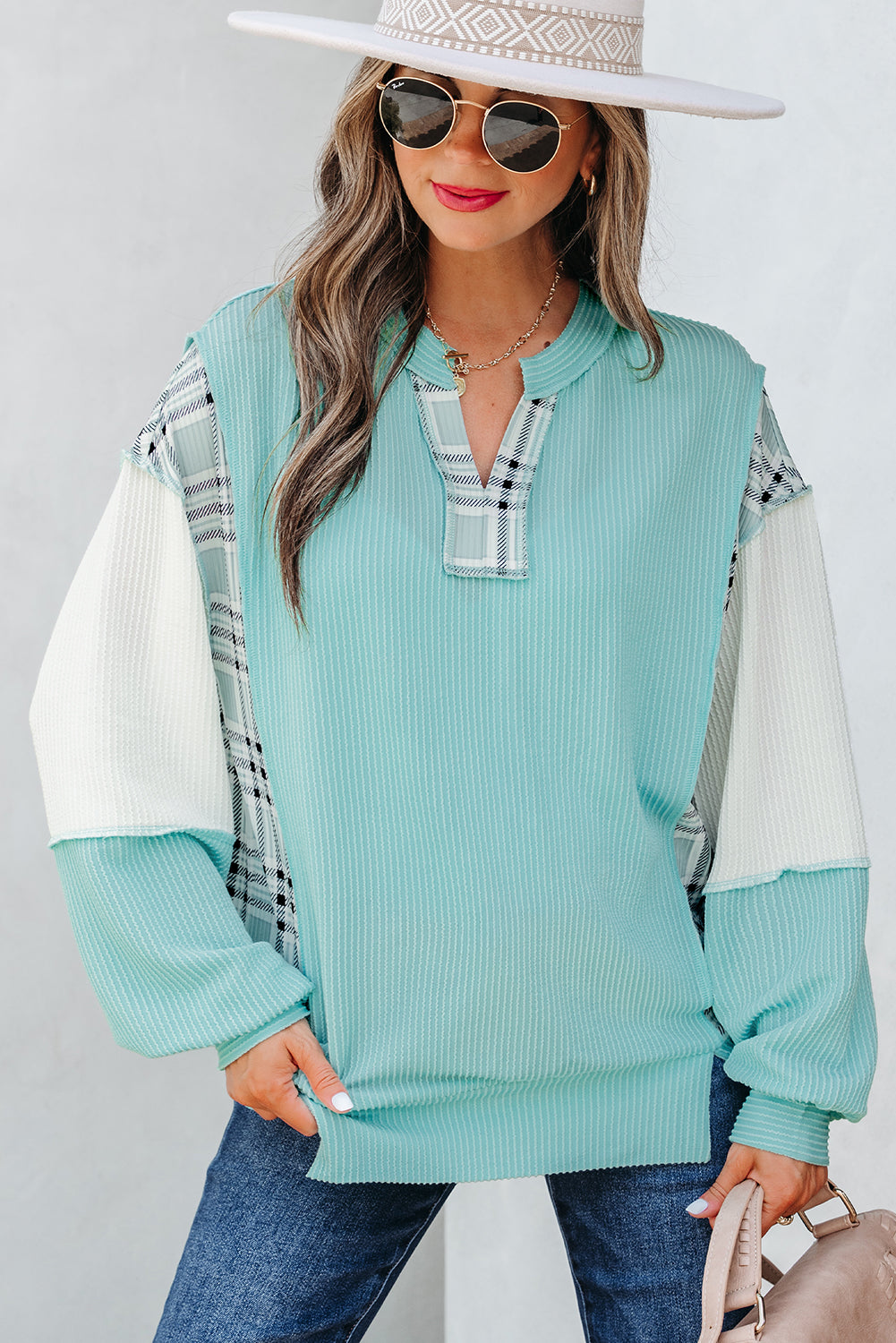 Maddie Texture Colorblock Patchwork Long Sleeve PLUS Top