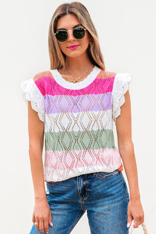 Alena Hollowed Knit Scallop Edge Sweater Vest - Threaded Pear