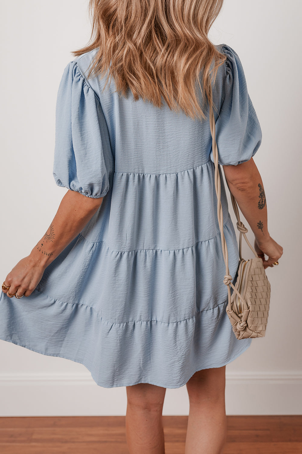 Arya Shirt Collar Button Up Puff Sleeve Tiered Dress - Threaded Pear