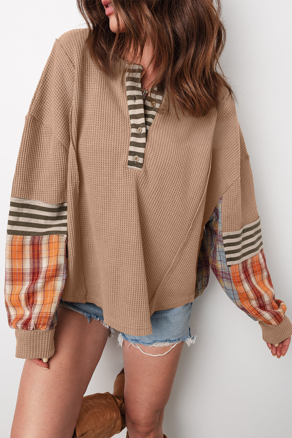 Aaliyah Waffle Stripe Plaid Patchwork Henley Knit Top - Threaded Pear