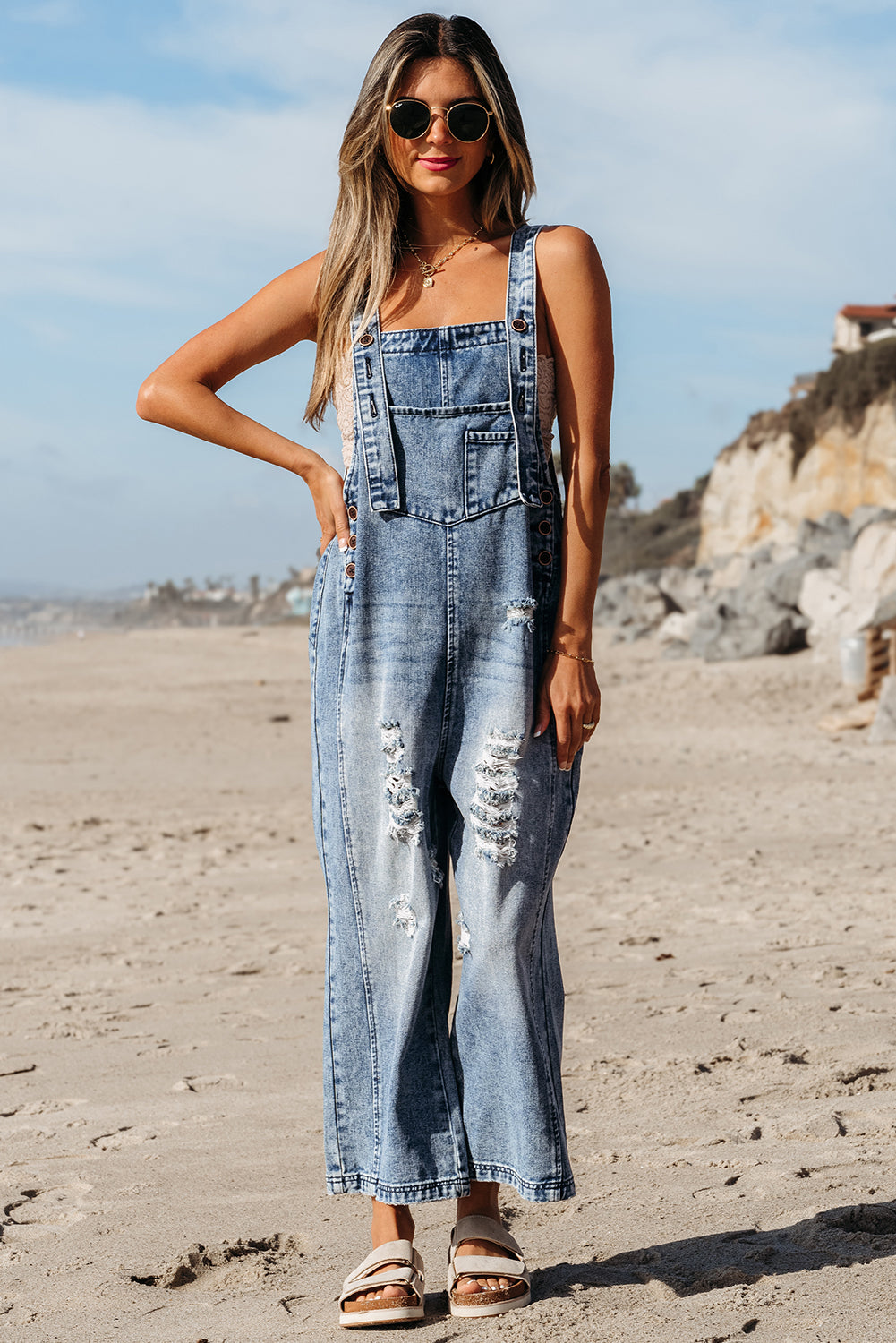 Baylor Distressed Bib Pocket Wide Leg Denim Overall - Threaded Pear