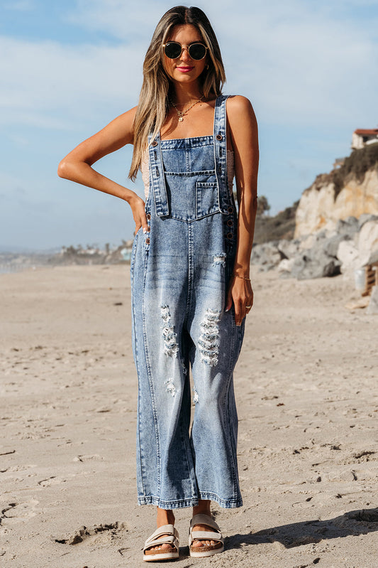 Baylor Distressed Bib Pocket Wide Leg Denim Overall - Threaded Pear