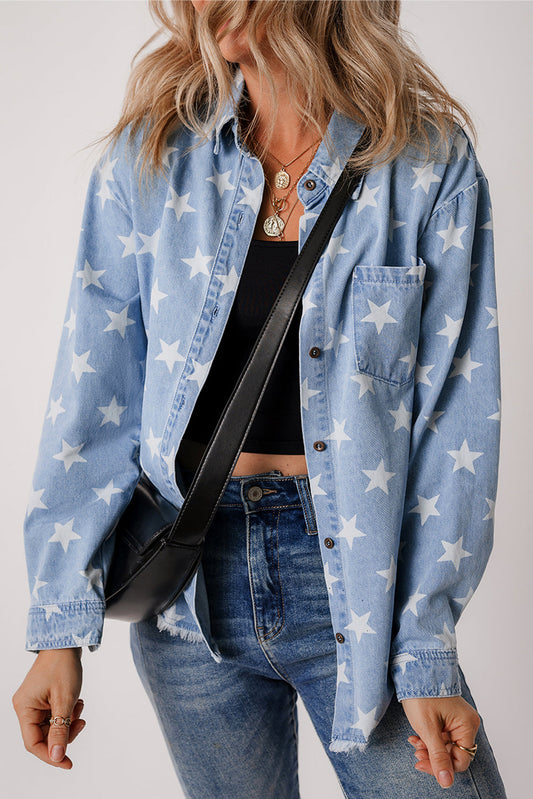 Star Light Wash Raw Hem Denim Jacket - Threaded Pear