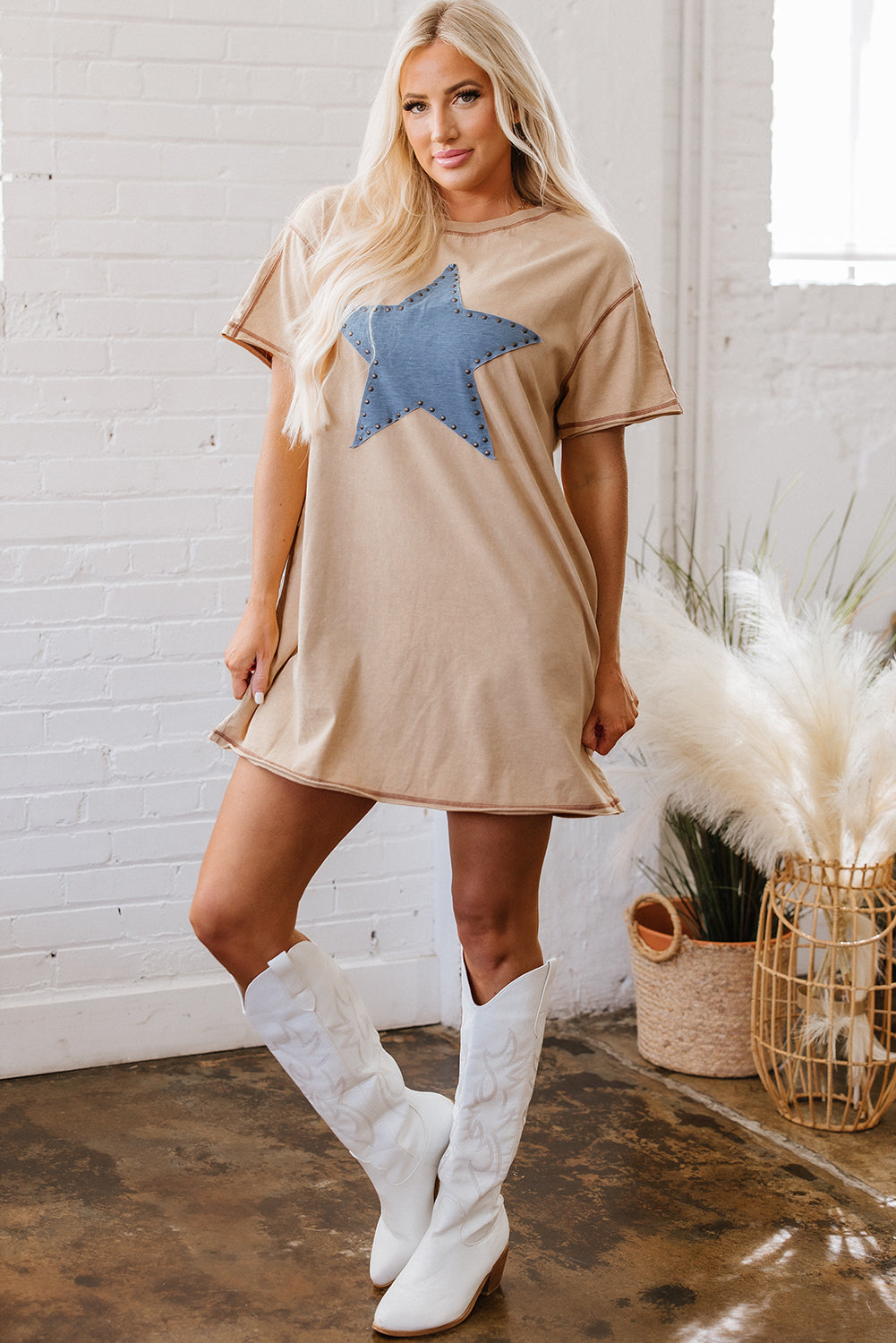 Luz Mineral Wash Star T-Shirt Dress - Threaded Pear
