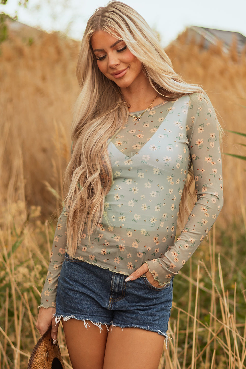 Amber Vintage Floral Mesh Long Sleeve Top - Threaded Pear