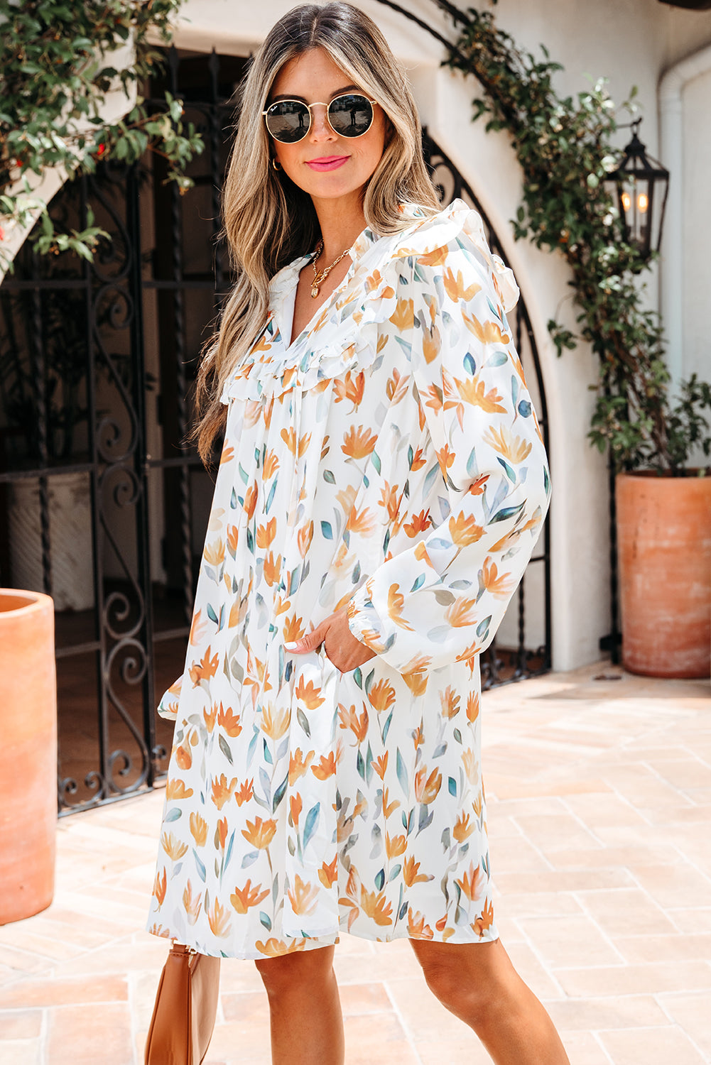 Katherine Floral Tie Neck Frilled Long Sleeve Dress - Threaded Pear