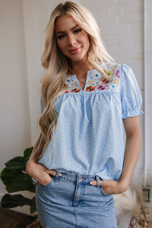 Kenzie Floral Embroidered Puff Sleeve Blouse - Threaded Pear