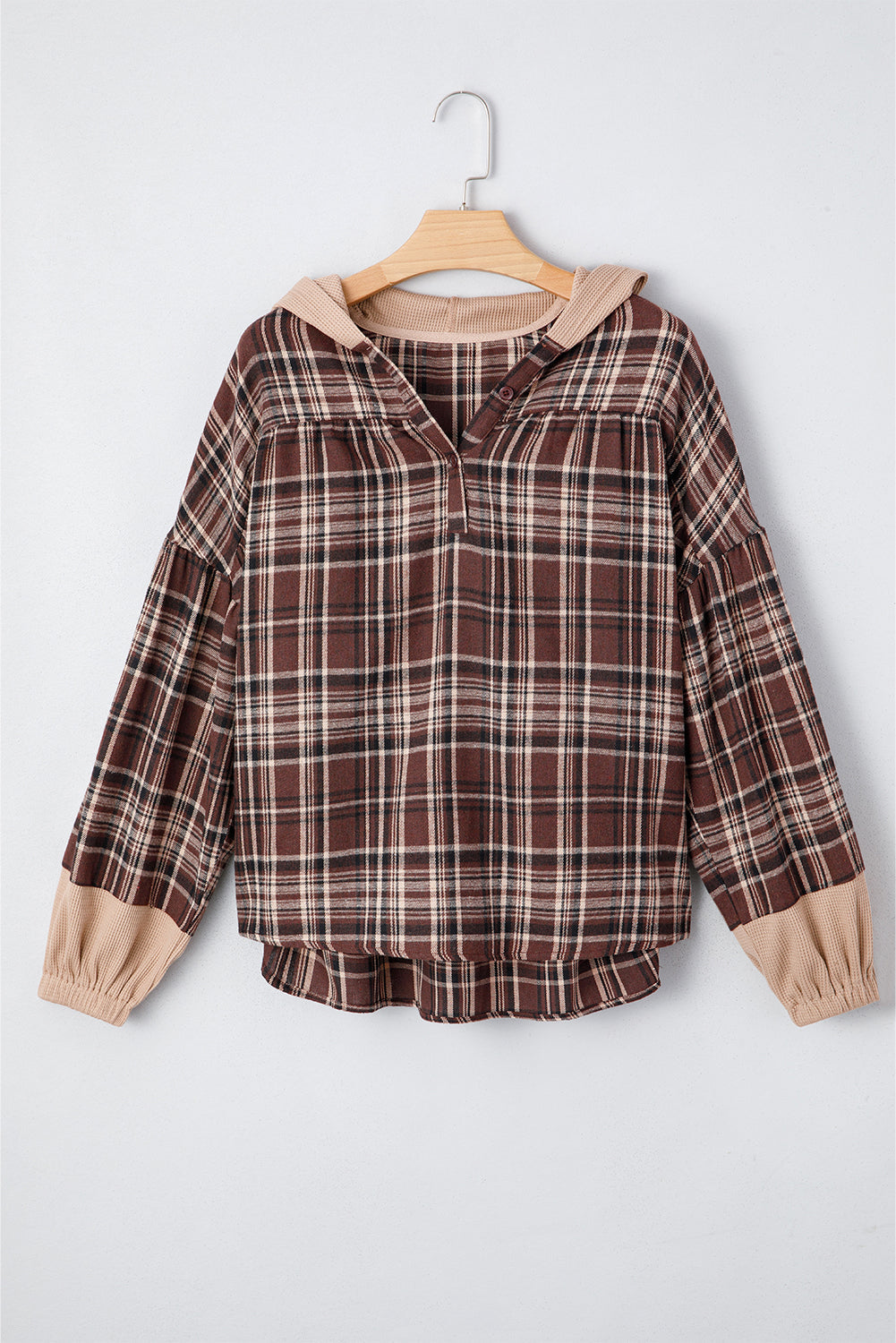 Lauren Plaid Patchwork Long Sleeve Hooded Top - Threaded Pear