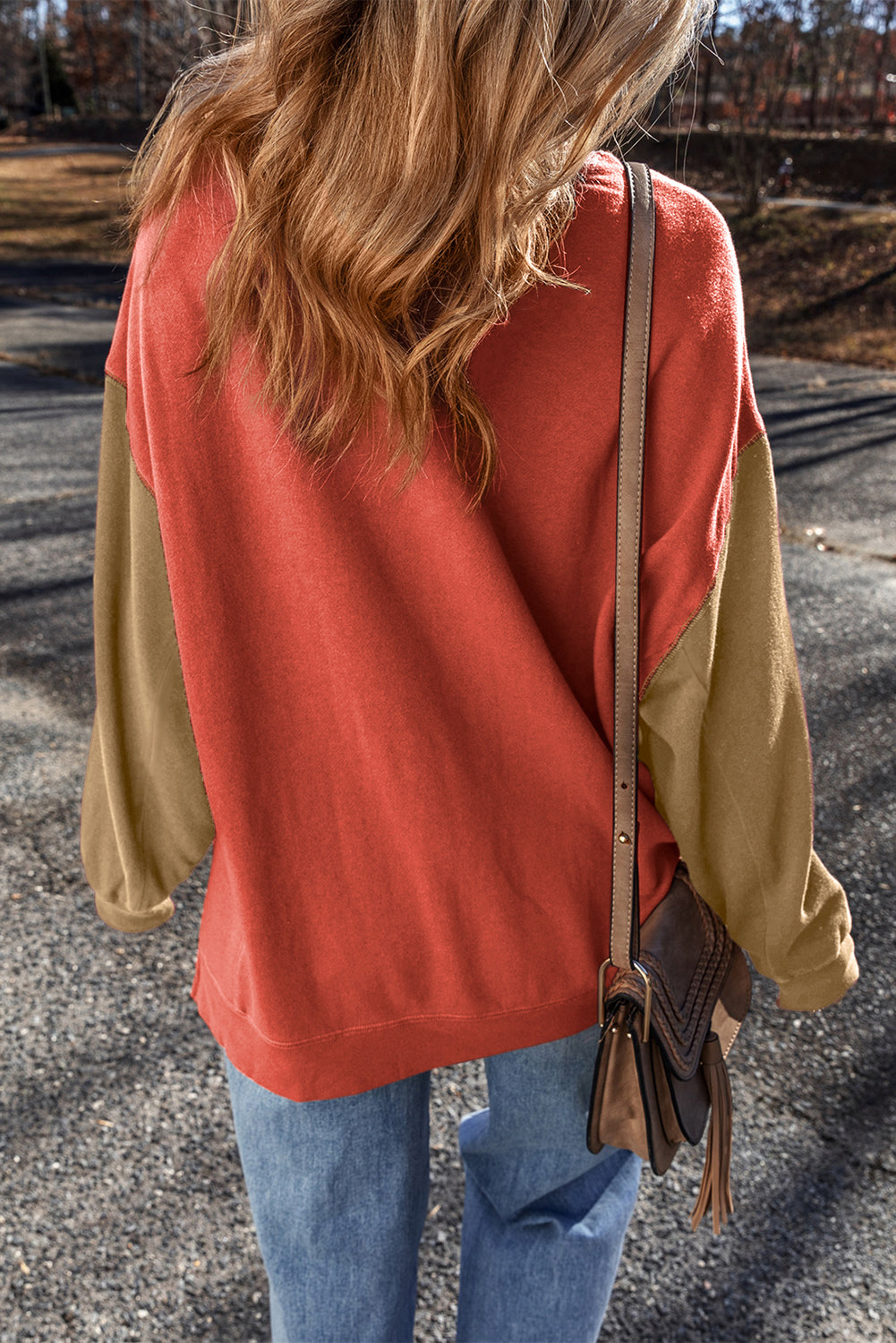 Ella Patchwork Drop Shoulder Pullover - Threaded Pear